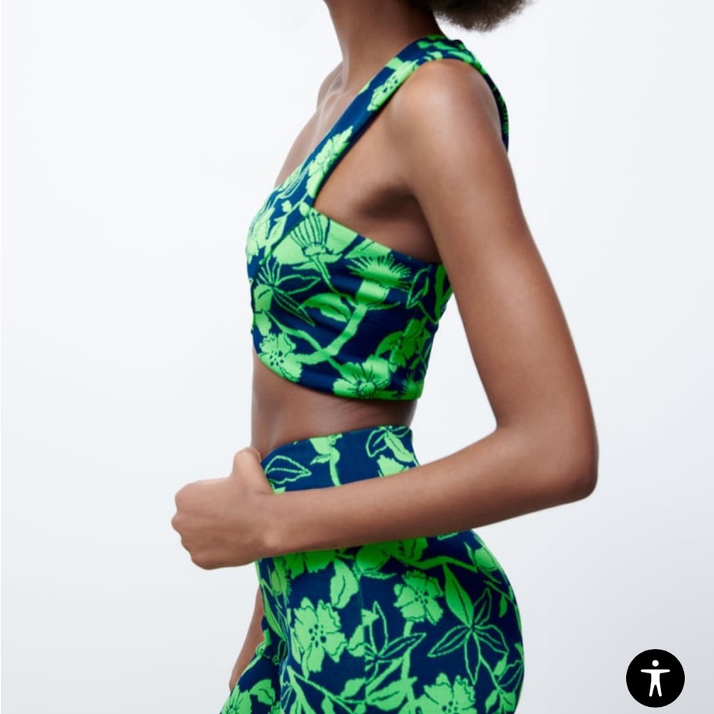 ZARA Jacquard top with asymmetric neckline and strap Blue Green Crop Top Large - Picture 6 of 15